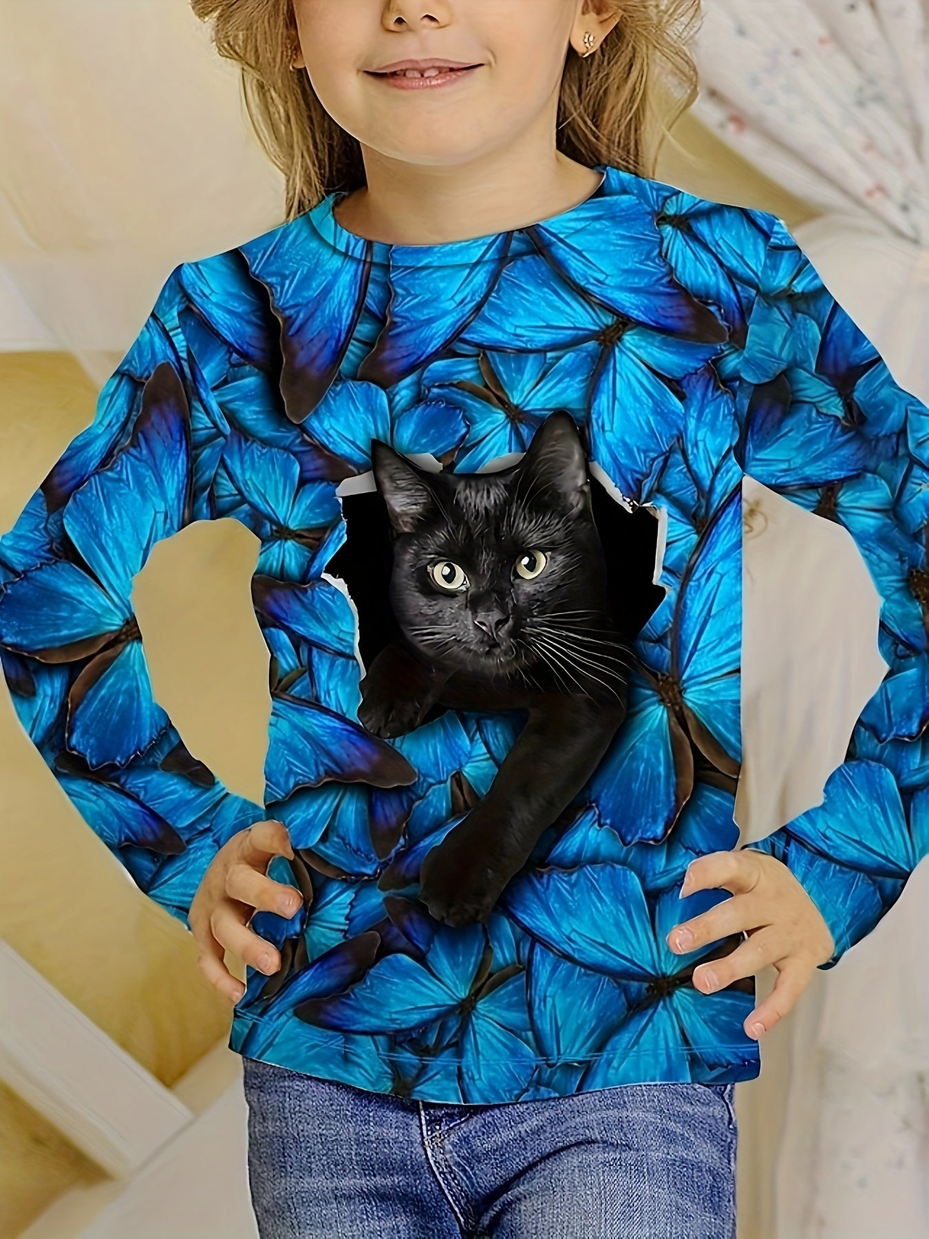 3D Kitty Graphic Long Sleeve T shirt Girls Comfy Tees