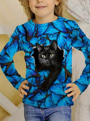 3D Kitty Graphic Long Sleeve T shirt Girls Comfy Tees