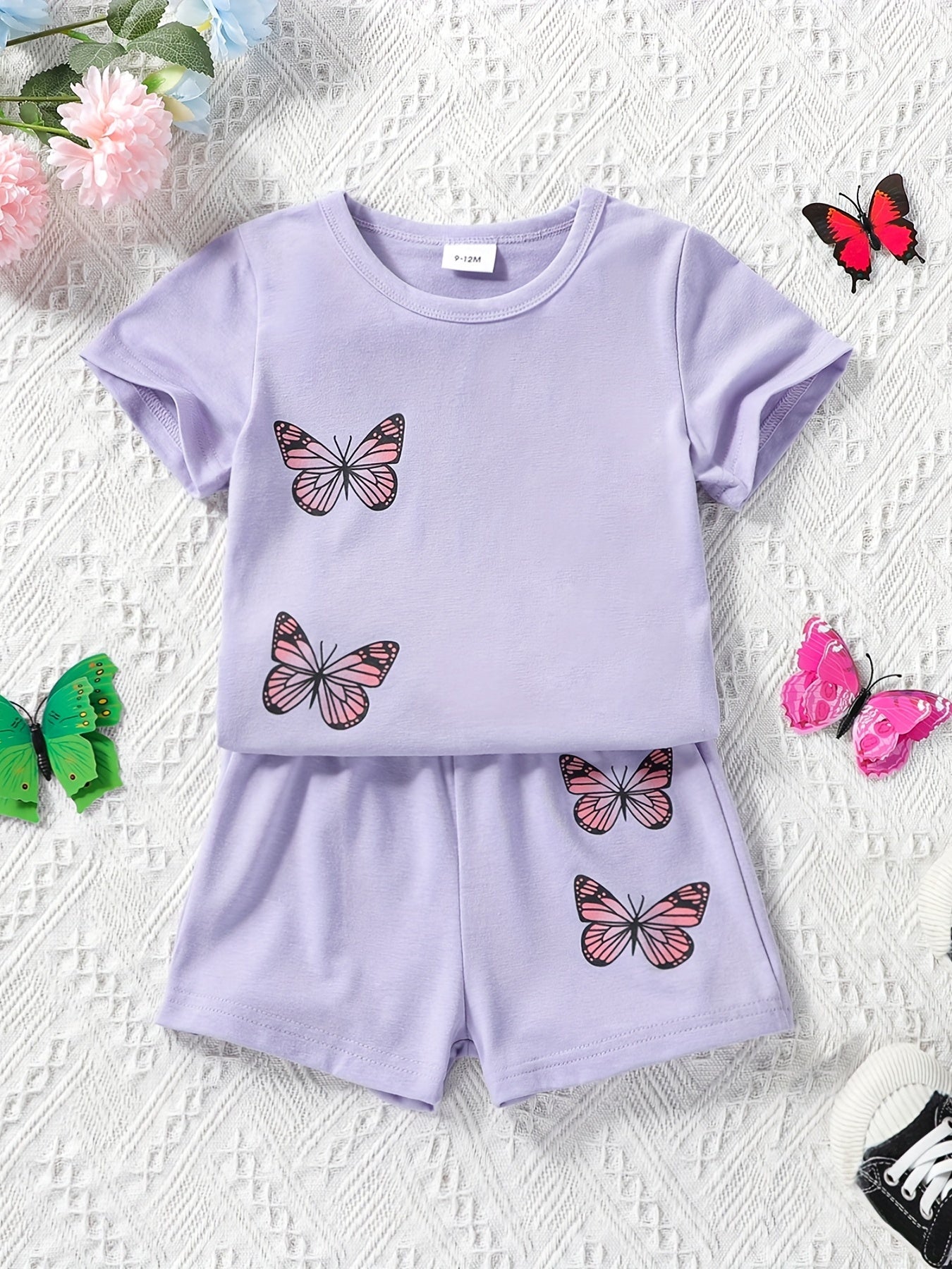 2pcs Toddler Girls Butterfly Embroidery T Shirt & Shorts Set