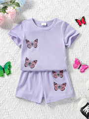 2pcs Toddler Girls Butterfly Embroidery T Shirt & Shorts Set