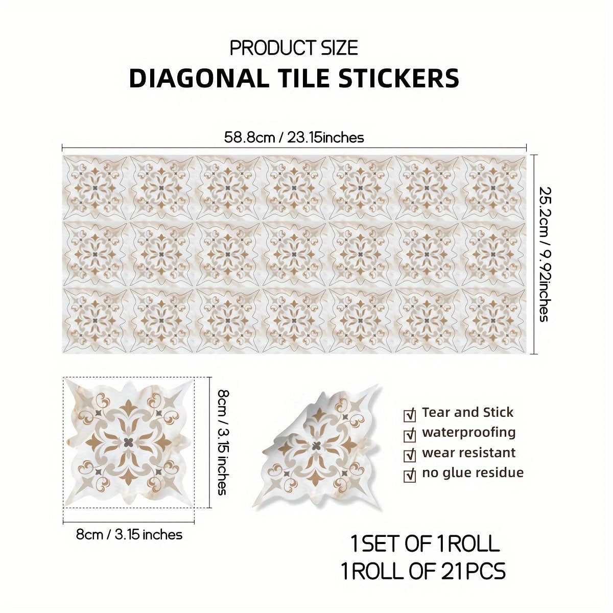 Moroccan Printed Ceramic Tiles Self-adhesive Waterproof 58.9