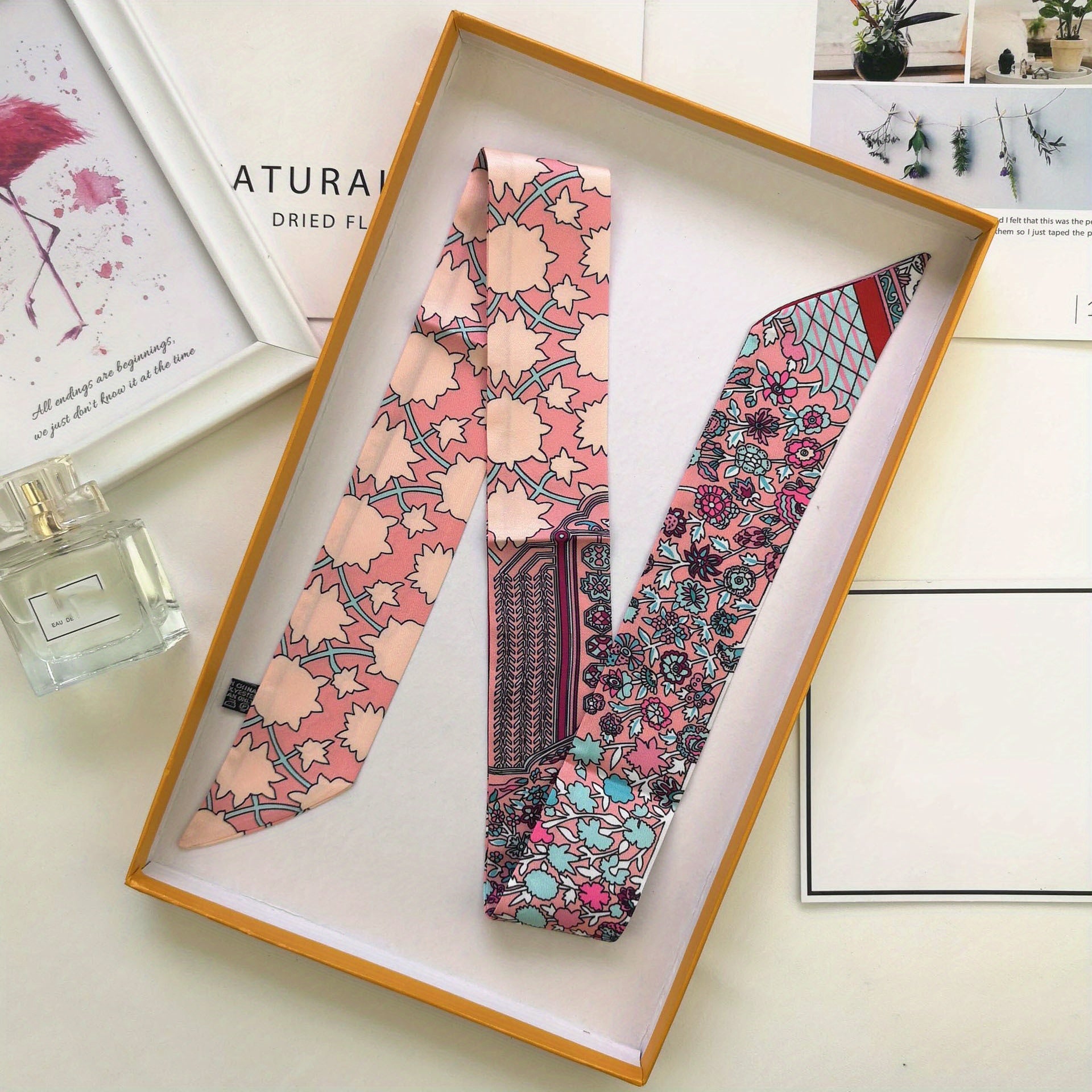 Flower Print Skinny Scarf Long Ribbon Neckerchief Satin Decorative Hair Ribbon