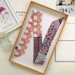 Flower Print Skinny Scarf Long Ribbon Neckerchief Satin Decorative Hair Ribbon