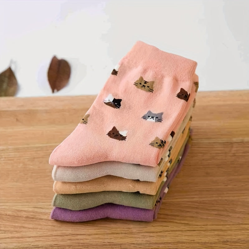 5 Pairs Cat Print Mid Tube Socks Women Stockings