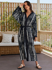 Boho Kimono Tie Dye Stripe Print Long Sleeve Belted Cover Up