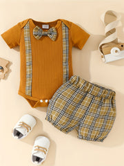 2pcs Baby Boys Bowknot Onesie & Plaid Shorts Set