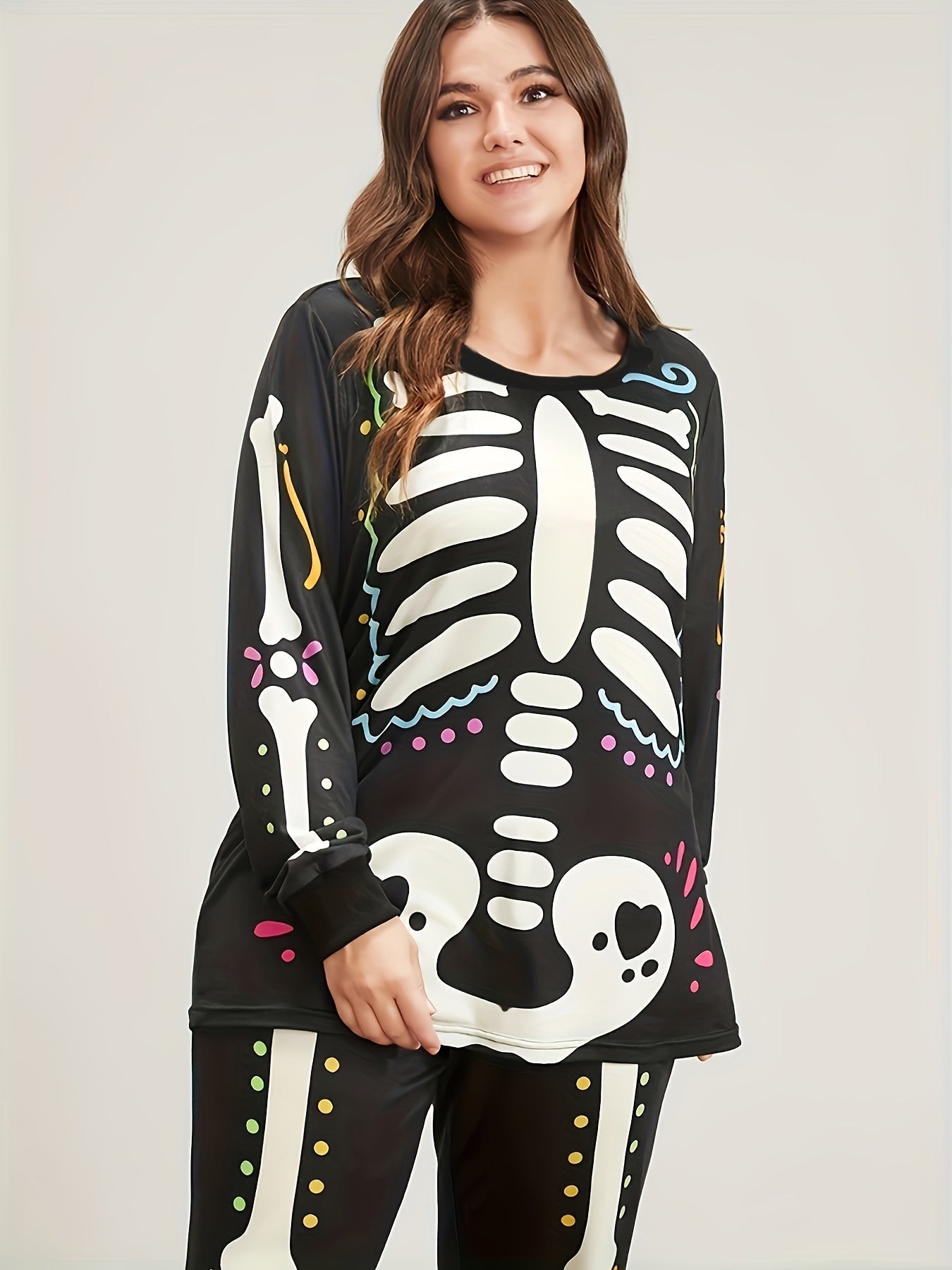 Skeleton Pattern Long Sleeve Top & Joggers Pajamas Set Plus Size