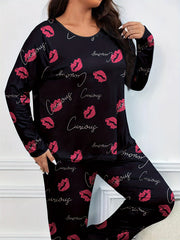 Kiss & Letter Print Pajamas Set Round Neck Long Sleeve