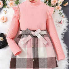 Toddler Baby Girls 2pcs Ruffle Knit Tops Bow Tie Plaid Mini