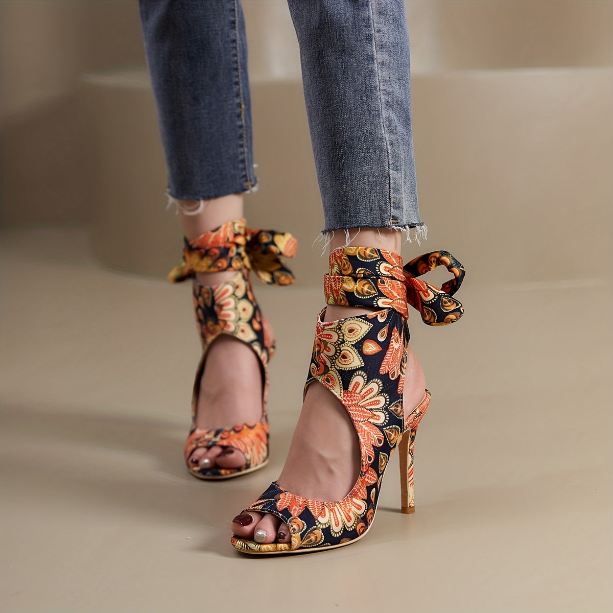 Peacock Print High Heels Slingback Stiletto Sandals