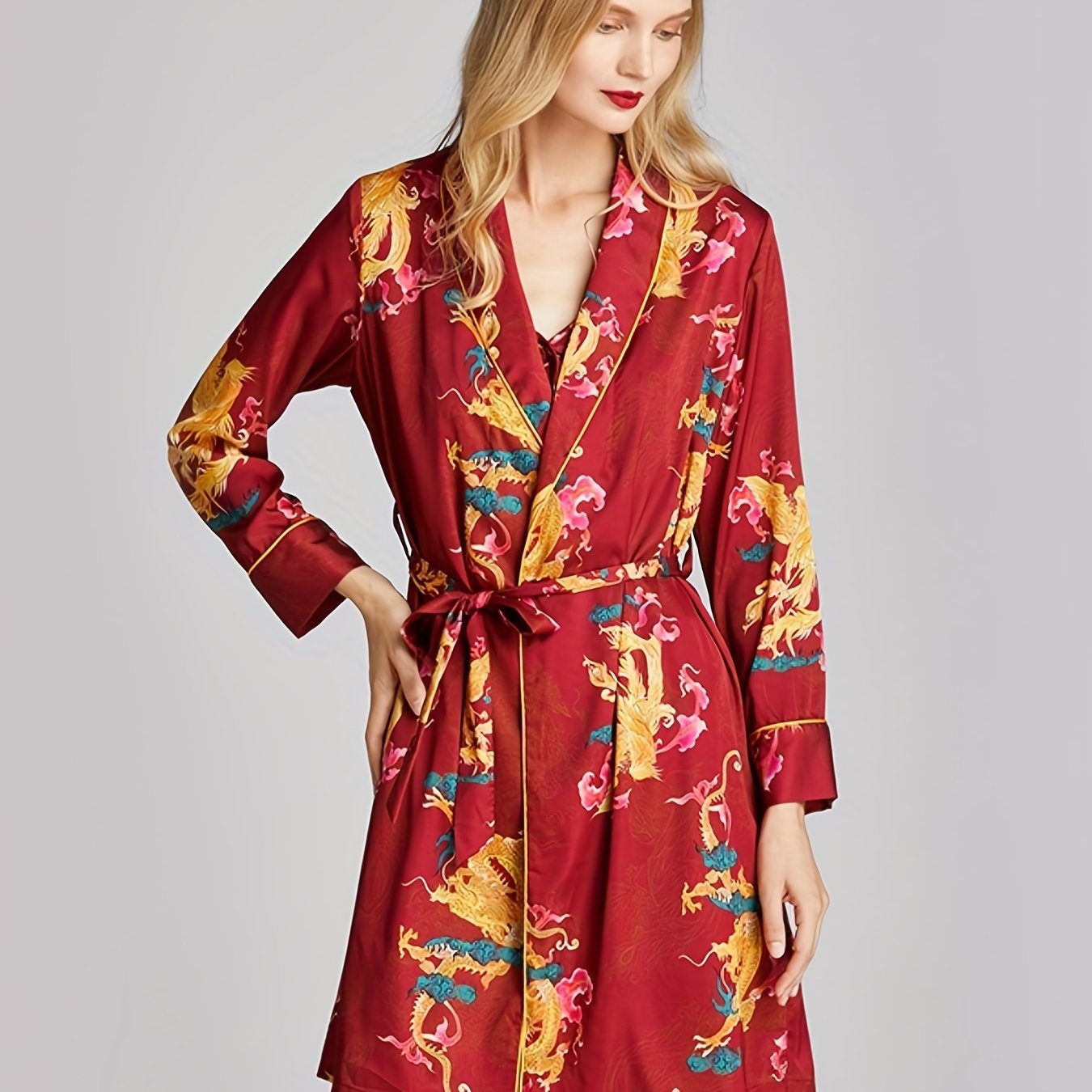 Dragon & Phoenix Print Night Robe V Neck House Robe Women's Sleepwear
