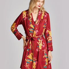 Dragon & Phoenix Print Night Robe V Neck House Robe Women's Sleepwear