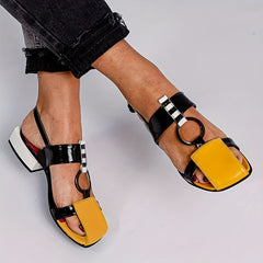 Colorblock Low Heel Sandals Adjustable Strap Block Heel Shoes