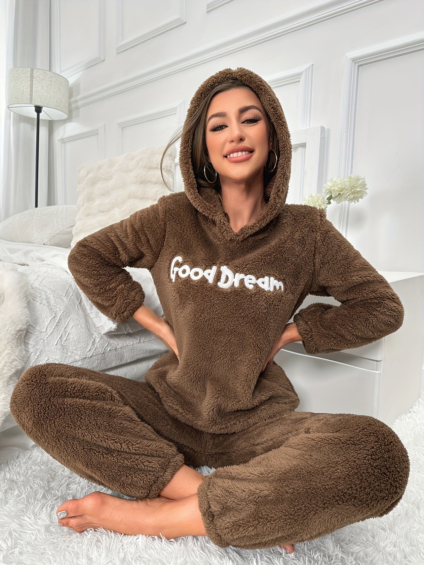 Letter Print Pajama Set Hooded Top & Pants Women's Sleepwear