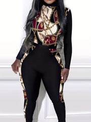 Colorblock Paisley Print Long Sleeve Mock Neck Jumpsuit