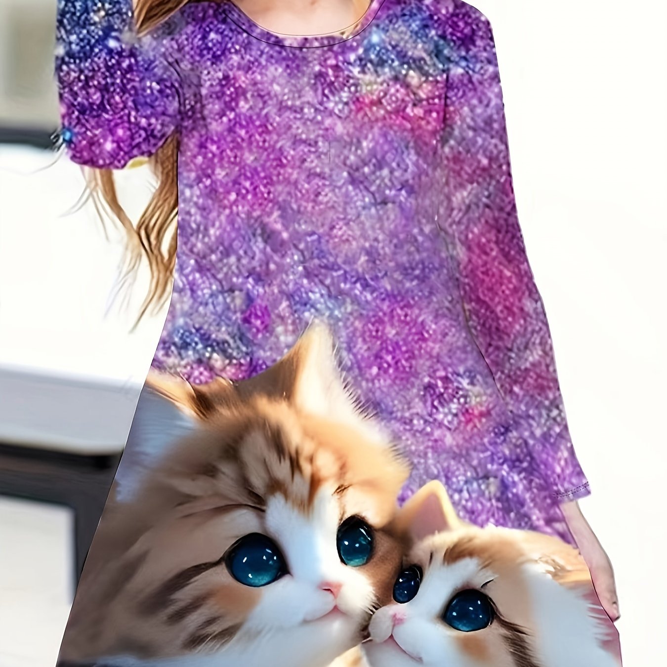 Girls Dreamy Kitty & Starry Sky Graphic Crew Neck Long Sleeve Dress