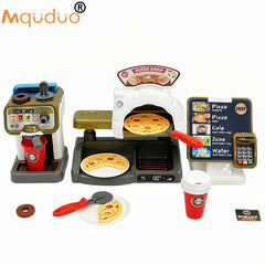 Pretend Play Coffee & Pizza Shop Set w/ Cash Register & Faux Food - Golden Brown