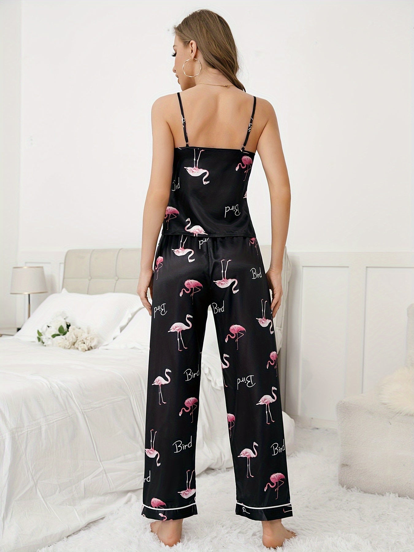 Crane Print Satin Pajama Set Women's Sleepwear