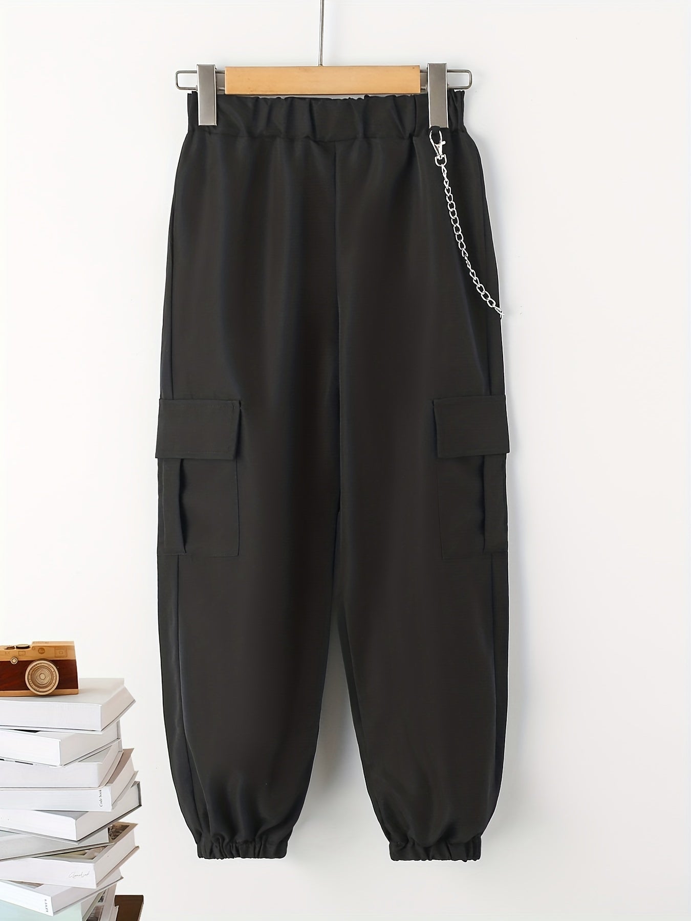 Boys Casual Cargo Pants With Chain Elastic Waist Jogger Pants