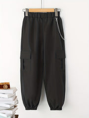 Boys Casual Cargo Pants With Chain Elastic Waist Jogger Pants