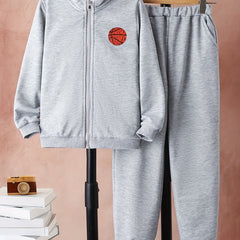 Boy's 2pcs Sporty Outfit Zipper Jacket & Sweatpants Set Basketball Print