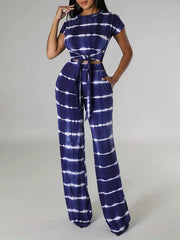 Striped Print Casual Two piece Set Knotted Short Sleeve Tee & High Waist Pants