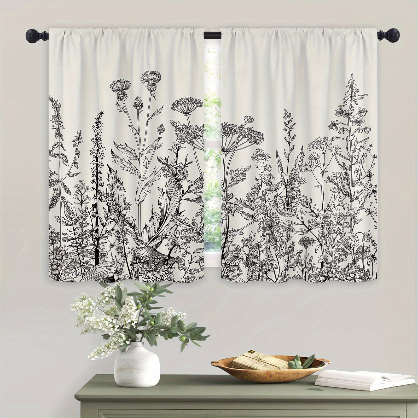 2pcs Floral Flower Botanical Kitchen Curtains Rod Pocket Short Cafe