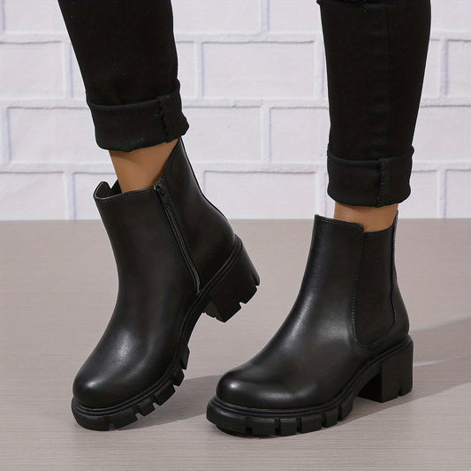 Women's Chunky Chelsea Boots Round Toe Zipper Short Boots Combat Boots