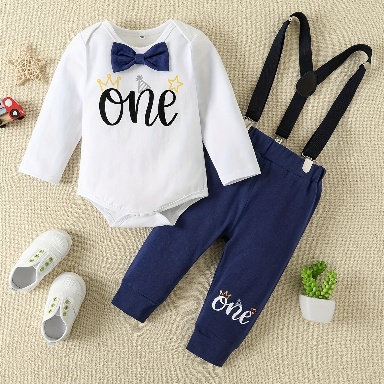 Letter Print Long Sleeve Romper & Overall Pants Set