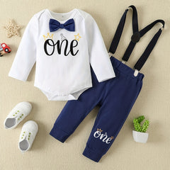 Letter Print Long Sleeve Romper & Overall Pants Set