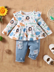 2pcs Baby Girls Forest Animal Print Top Ripped Patched Jeans Set