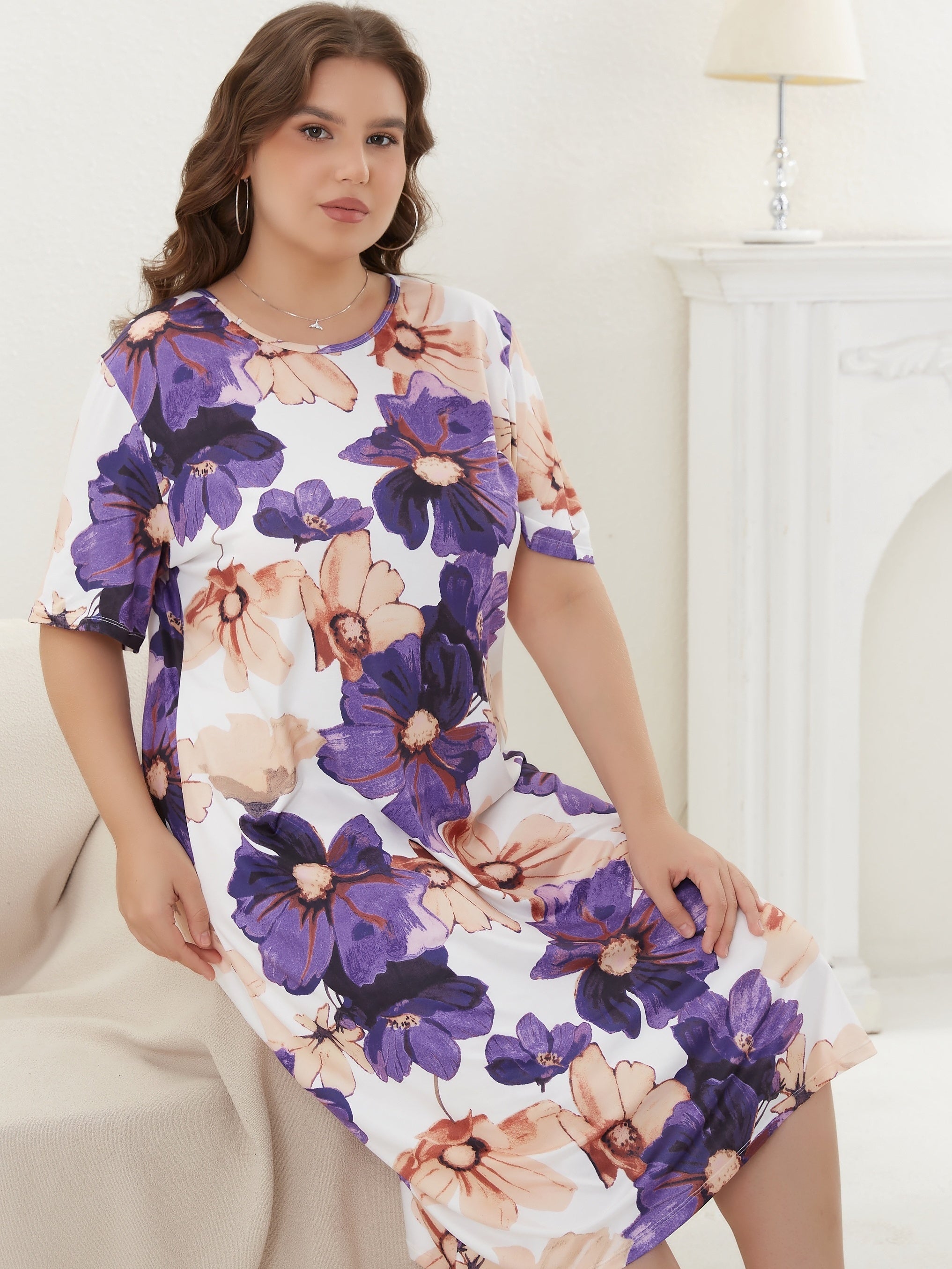 Casual Nightdress Womens Plus High Stretch Tee Sleep Dress