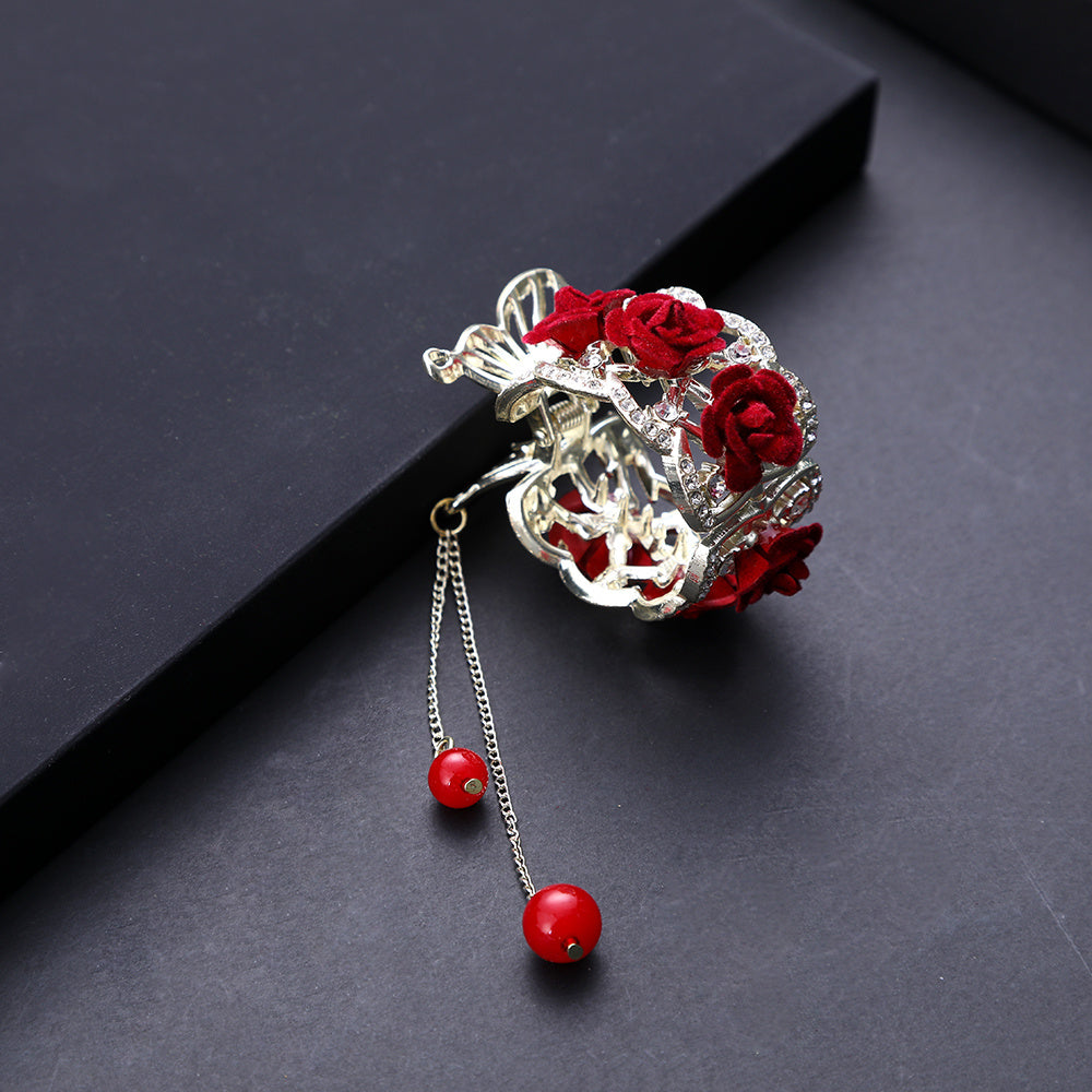 Chinese Style Rose Hair Clip Alloy Hairpin Decorated With Rhinestones Tassel