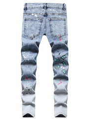 Graphic Print Slim Fit Jeans Men Casual Street Style Stretch Denim Spring