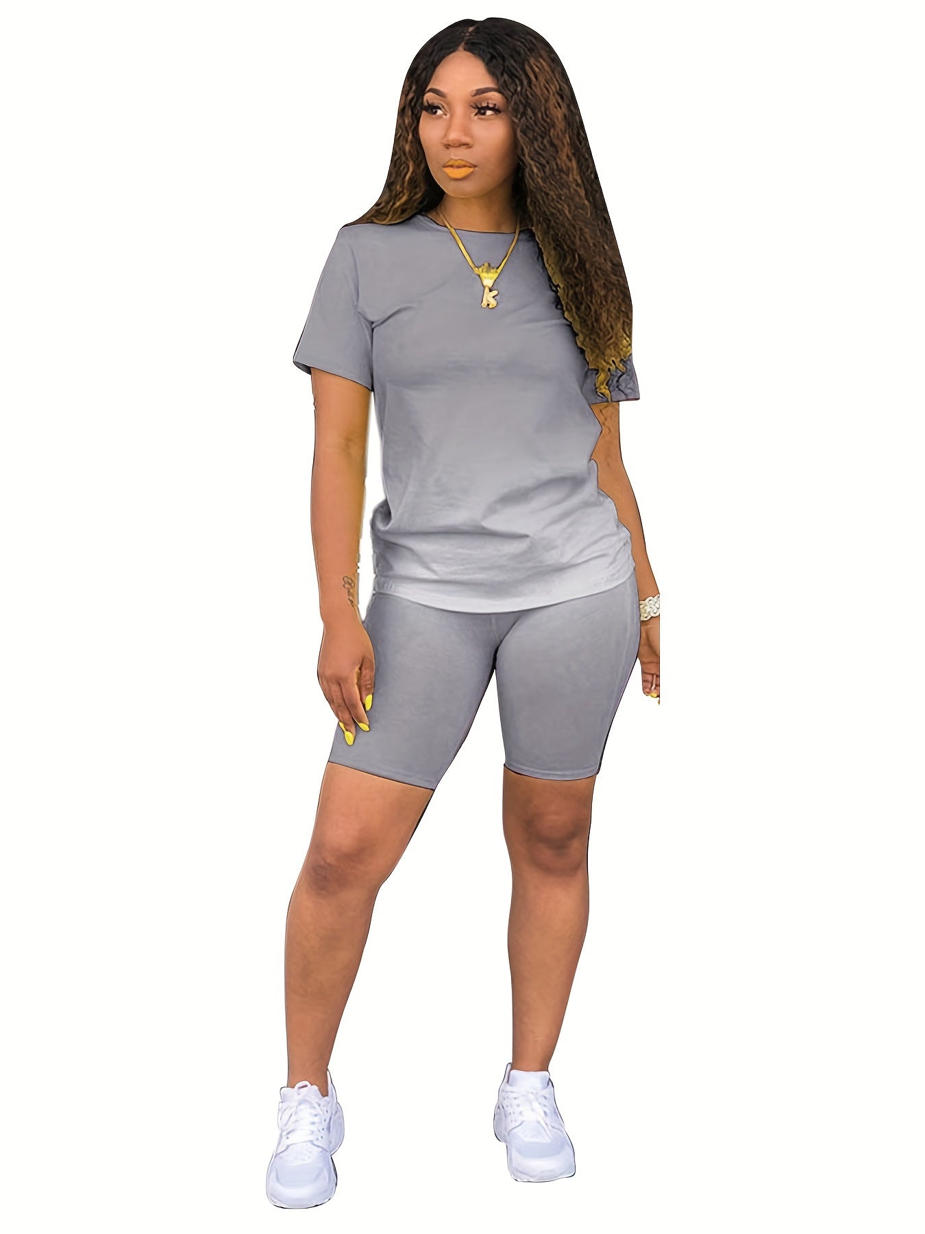 Casual Gradient Two-piece Set Crew Neck Short Sleeve T Shirt & Elastic Waist Sho