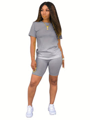 Casual Gradient Two-piece Set Crew Neck Short Sleeve T Shirt & Elastic Waist Sho