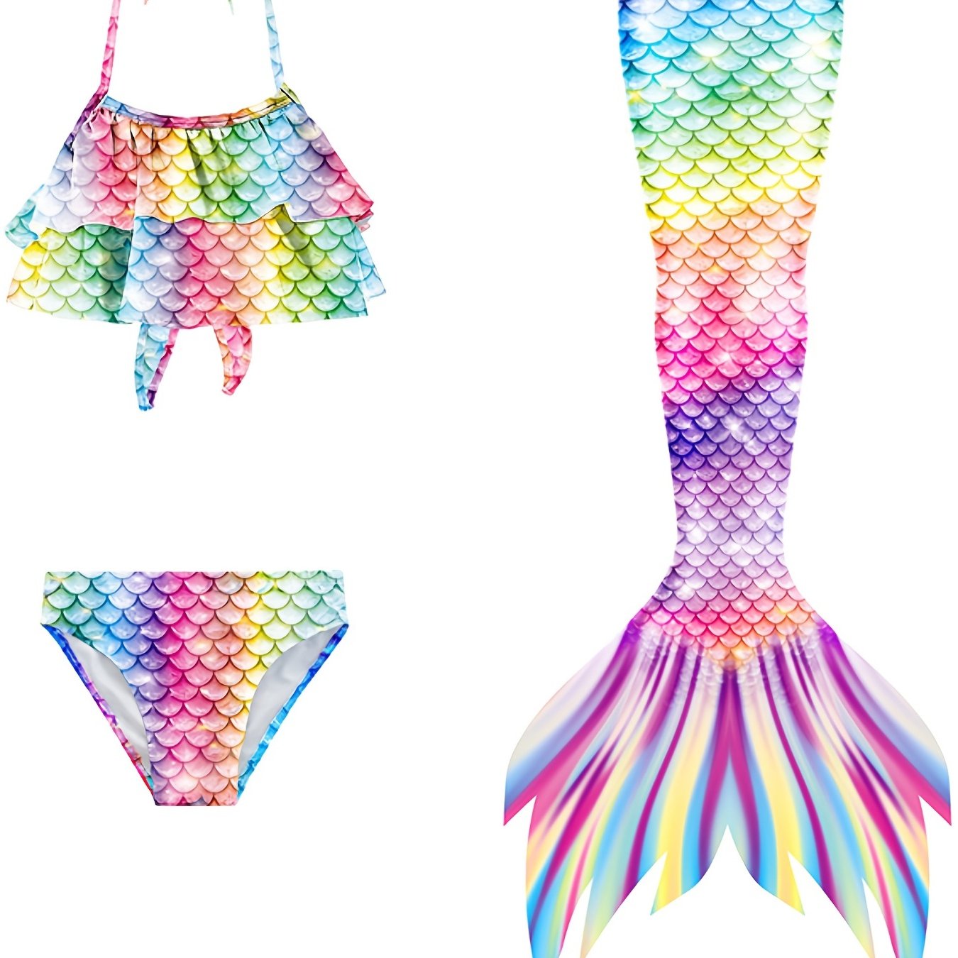 Girl's Mermaid Swimsuit 3pcs Fish Scale Pattern Bikini Set & Mermaid Tail