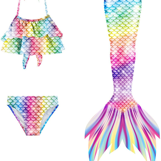Girl's Mermaid Swimsuit 3pcs Fish Scale Pattern Bikini Set & Mermaid Tail