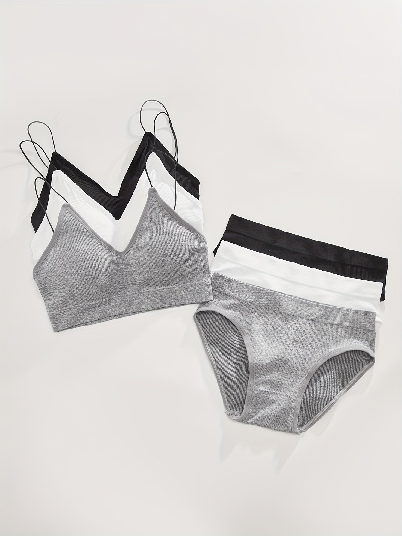 3 Sets Ribbed Bra & Panties Wireless Lingerie Women's Underwear