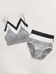 3 Sets Ribbed Bra & Panties Wireless Lingerie Women's Underwear