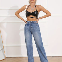 Dark Mid Waist Straight Jeans Loose Fit Baggy Casual Non Stretch Denim Pants