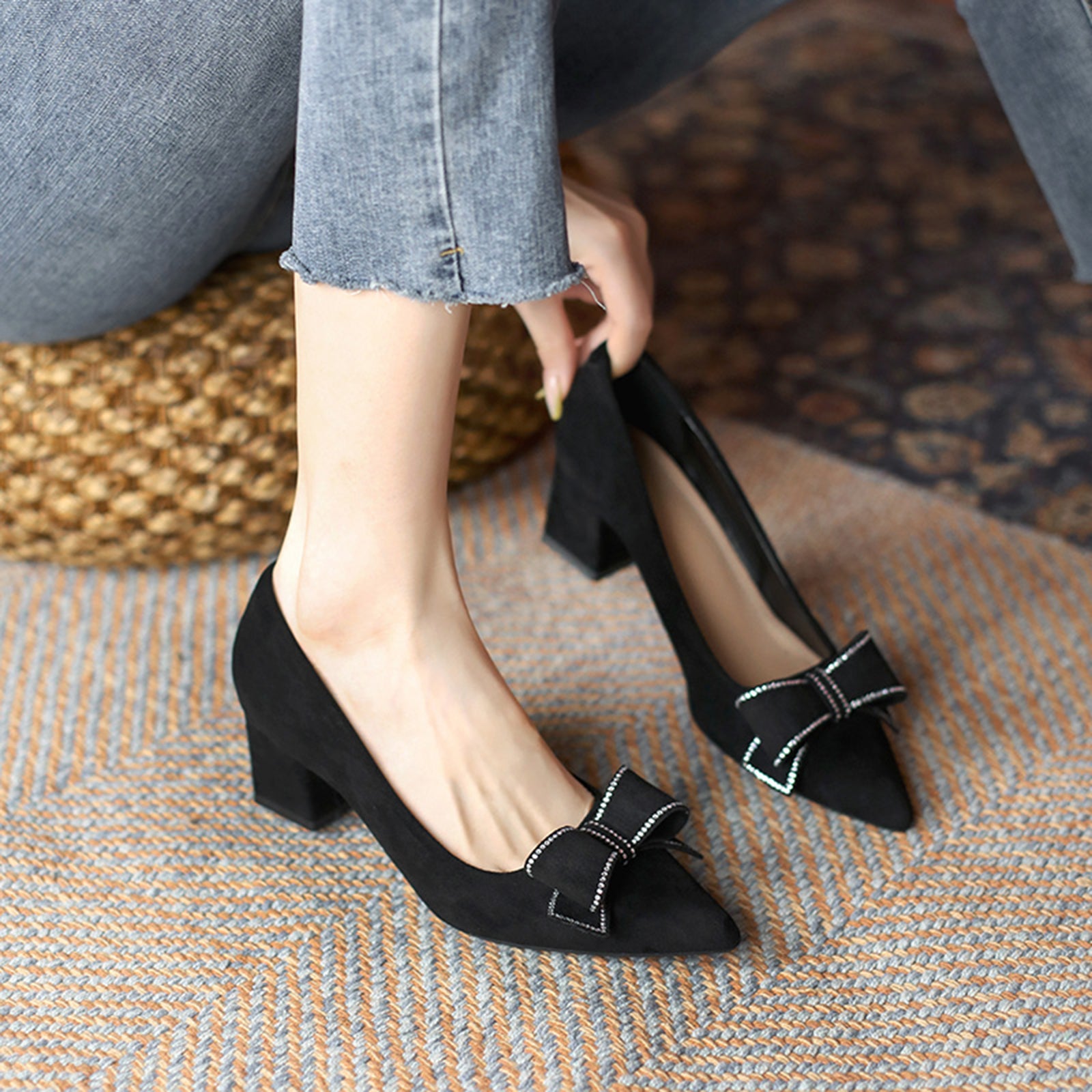 Women's Bowknot Pointed Toe High Heels Slip On Dress Pumps