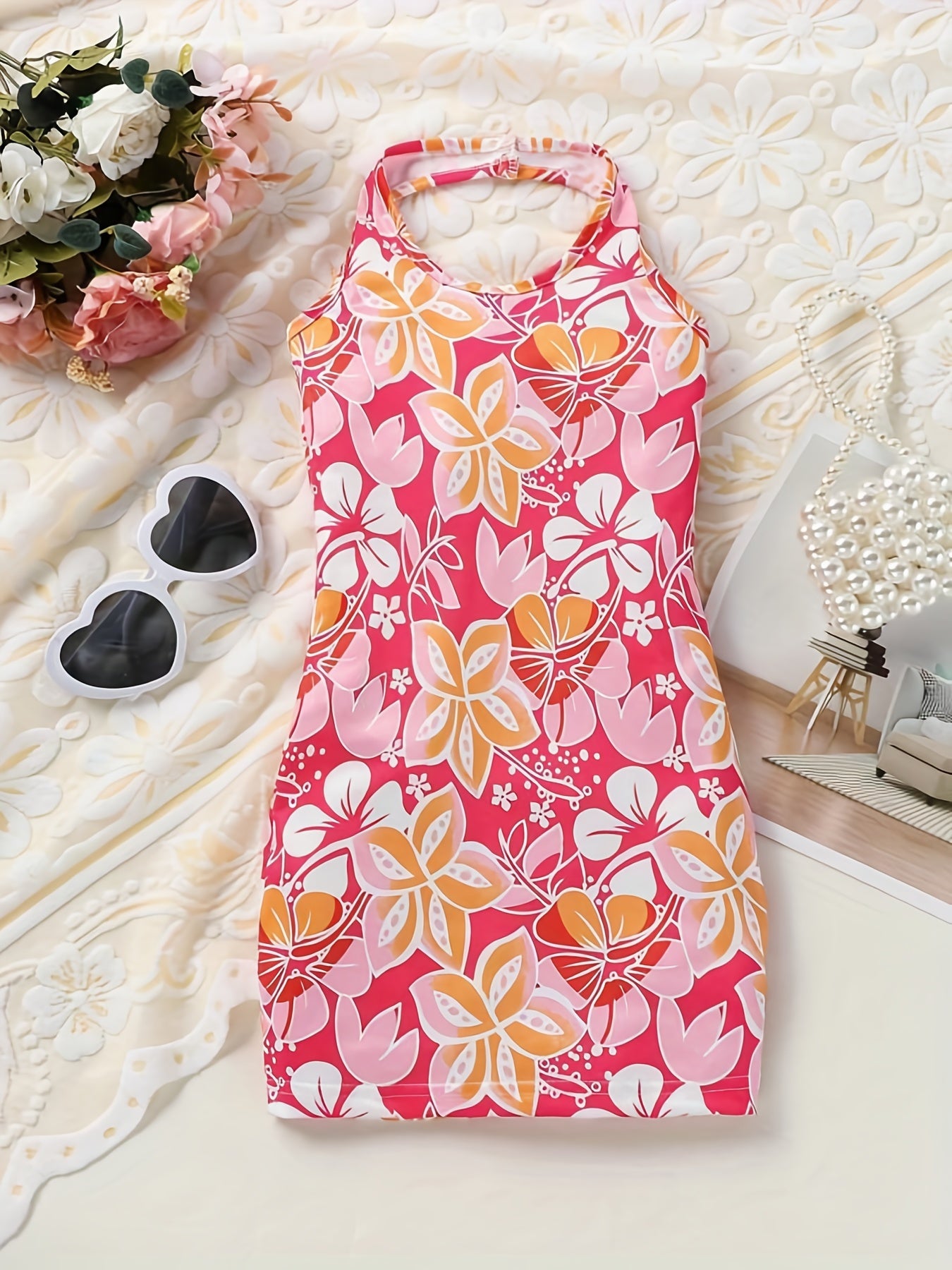 Girls Floral Print Halter Dress For Party Holiday Outfit