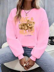 Bear & Slogan Print Crew Neck Sweatshirt for Women