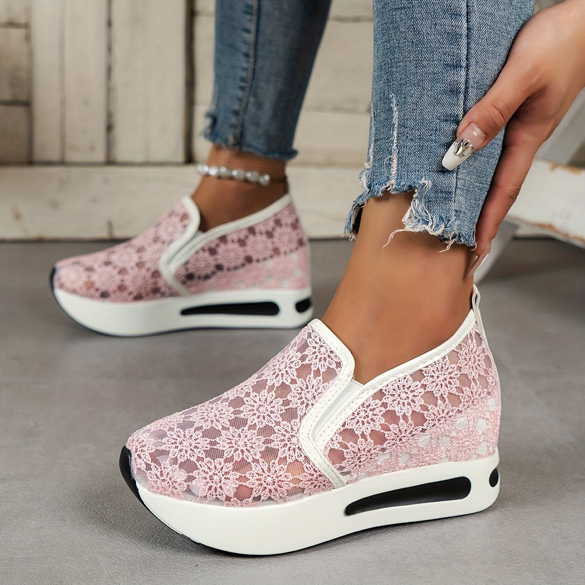 Floral Lace Wedge Slip-On Walking Shoes Casual Sneakers