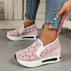 Floral Lace Wedge Slip-On Walking Shoes Casual Sneakers