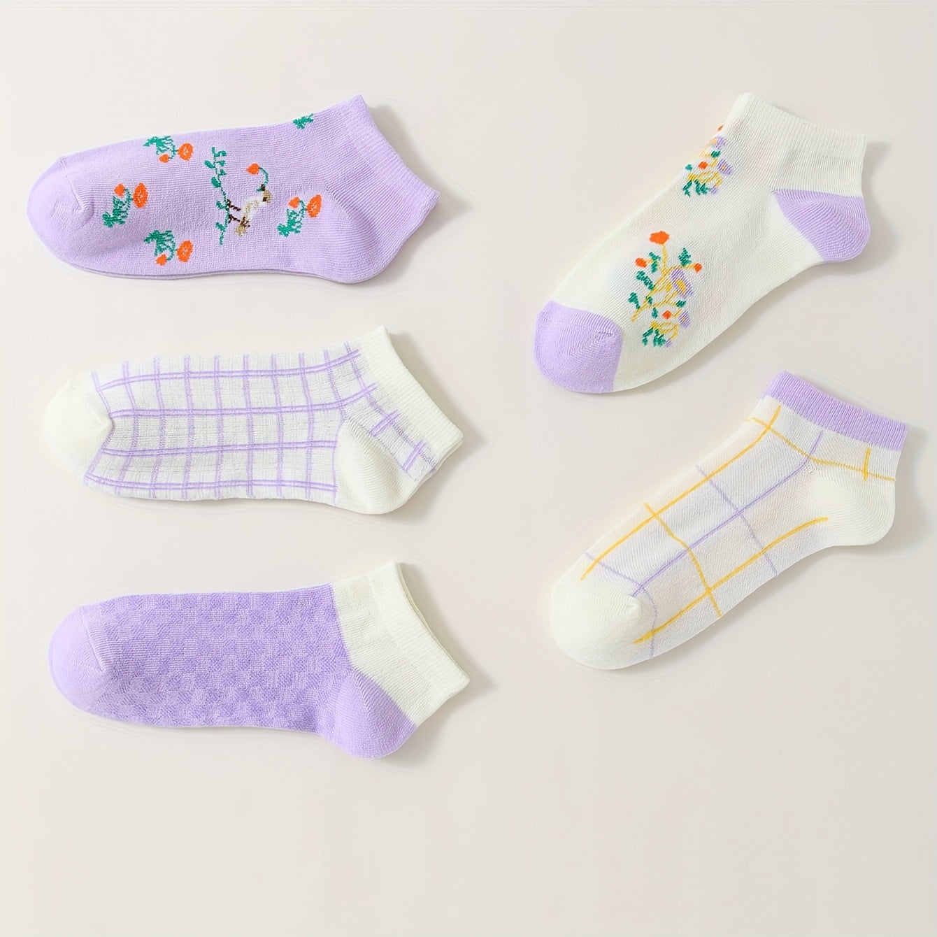 5 Pairs Floral & Plaid Print Socks & Lightweight Ankle Socks Women's Stockings