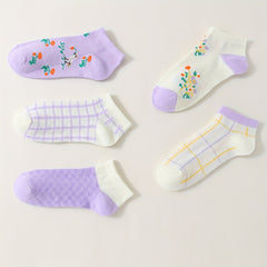 5 Pairs Floral & Plaid Print Socks & Lightweight Ankle Socks Women's Stockings