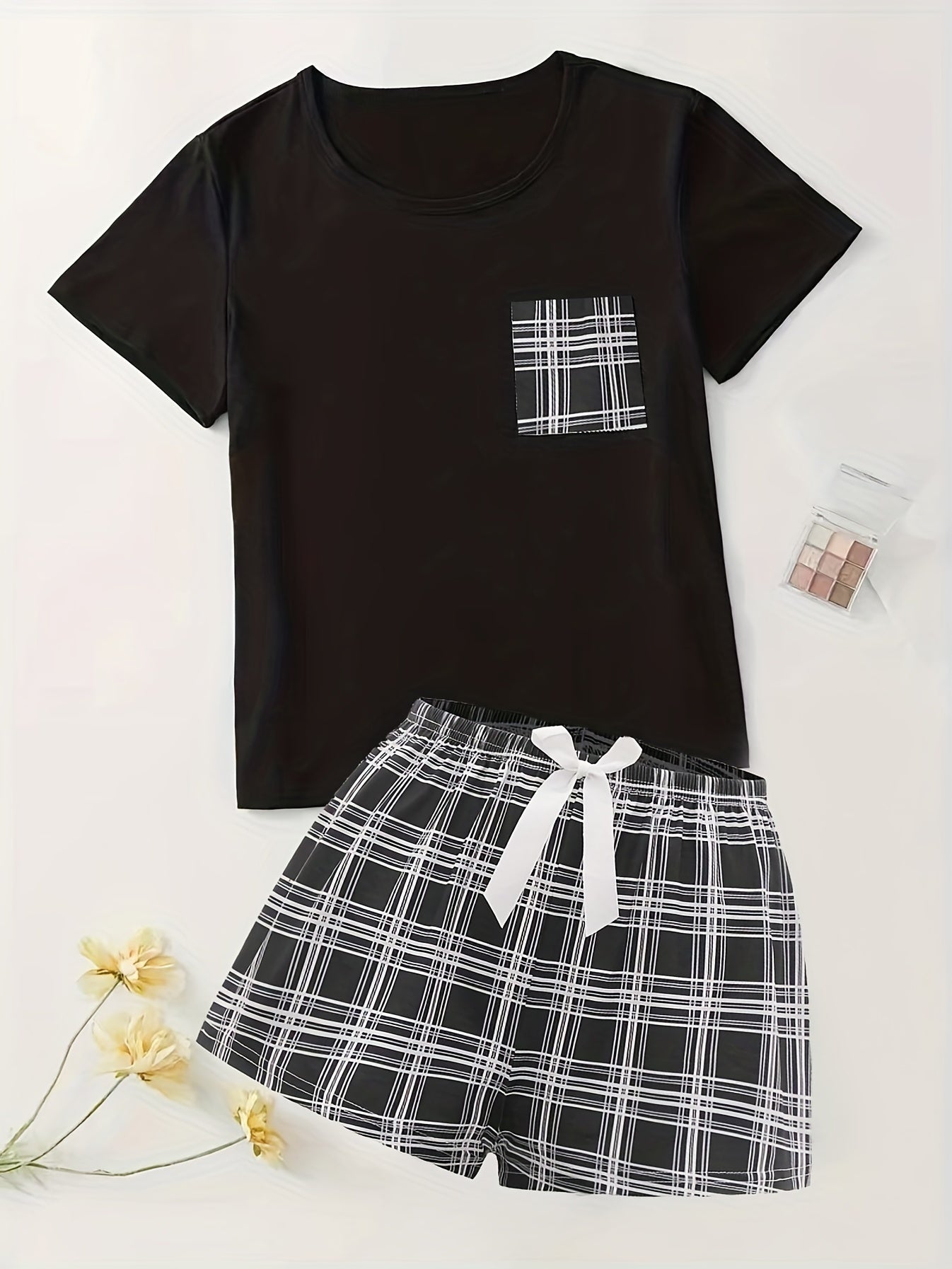 Plaid Print Pajama Set Short Sleeve Top & Shorts