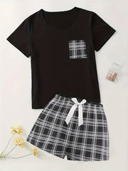 Plaid Print Pajama Set Short Sleeve Top & Shorts